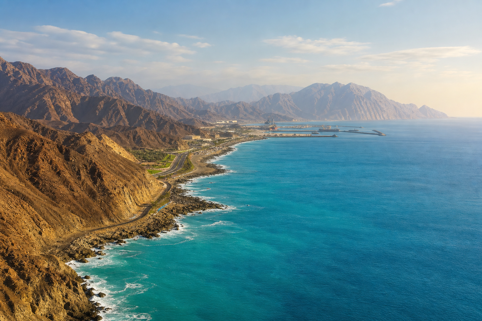 Fujairah east coast with mountains, sea and port corridor