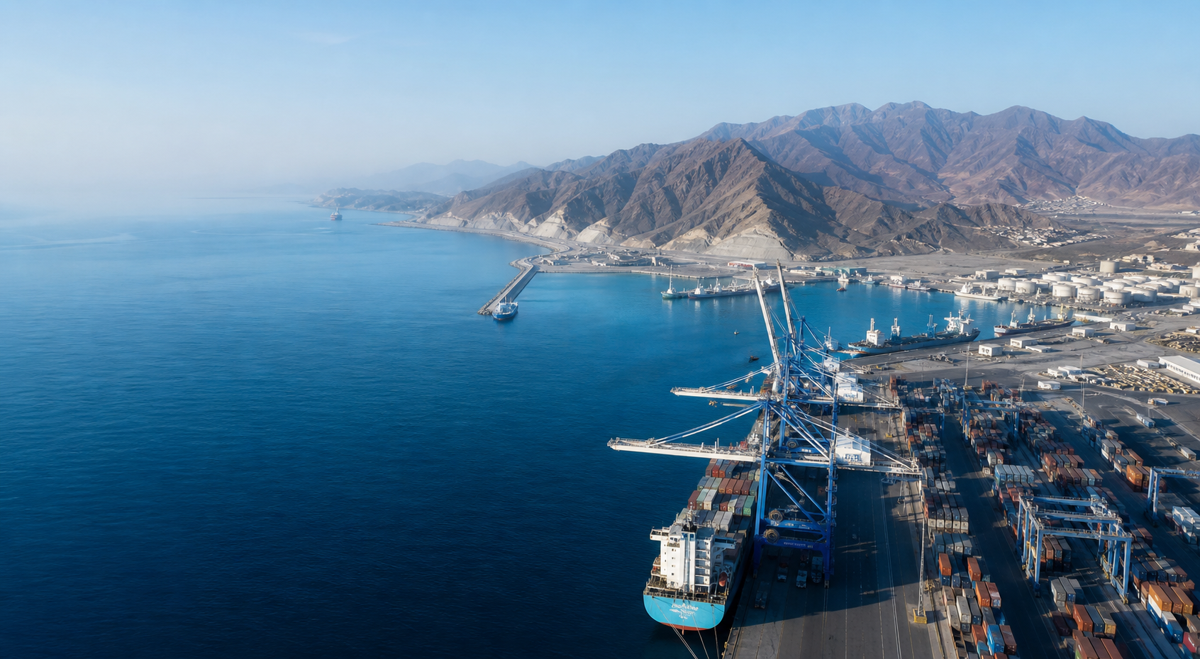 Aerial view of a Fujairah cargo port and container terminal
