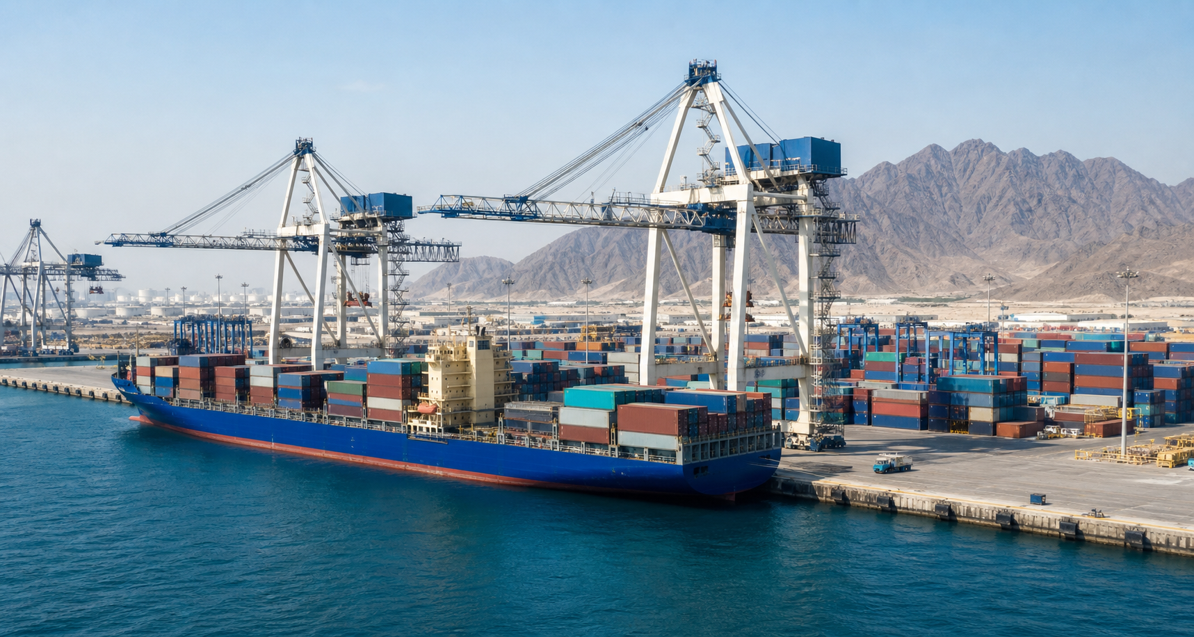 Container ship and cranes at a modern marine logistics terminal